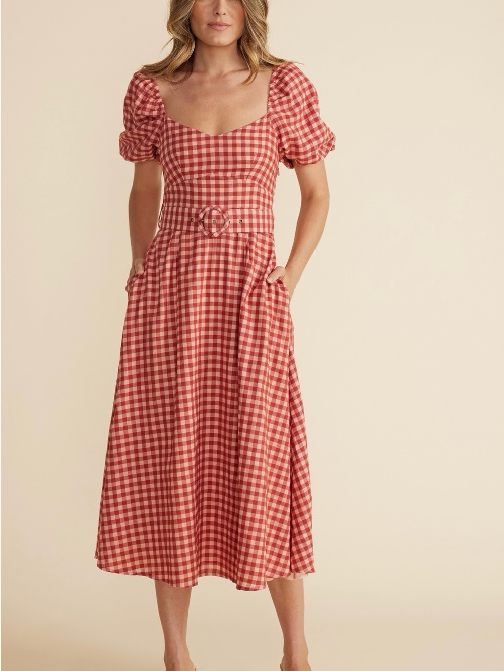 MINKPINK Red Gingham Puff-Sleeve Midi Dress